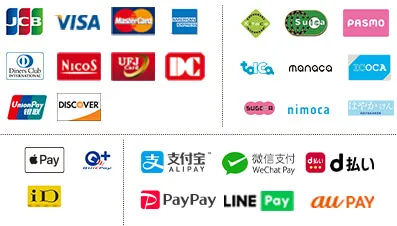 JCB,　VISA, MASTERCARD, AMERICEN EXPRESS, DINERS CLUB, NICOS, UFJ, DC