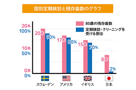 国別定期検診と残存歯数のグラフ